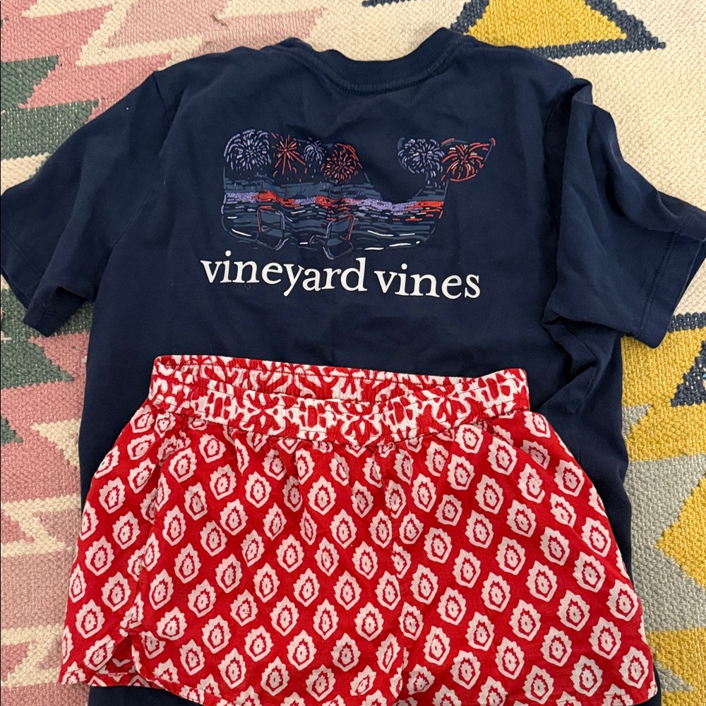 Vineyard Vines Navy Tee and Red Patterned Shorts - fireworks